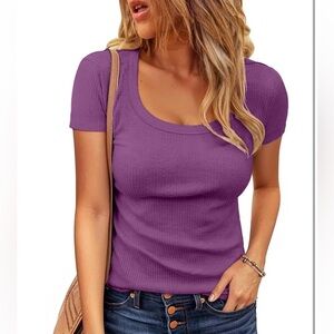 VICHYIE Womens Summer Short Sleeve Tops Square Neck Loose Tunics Henle